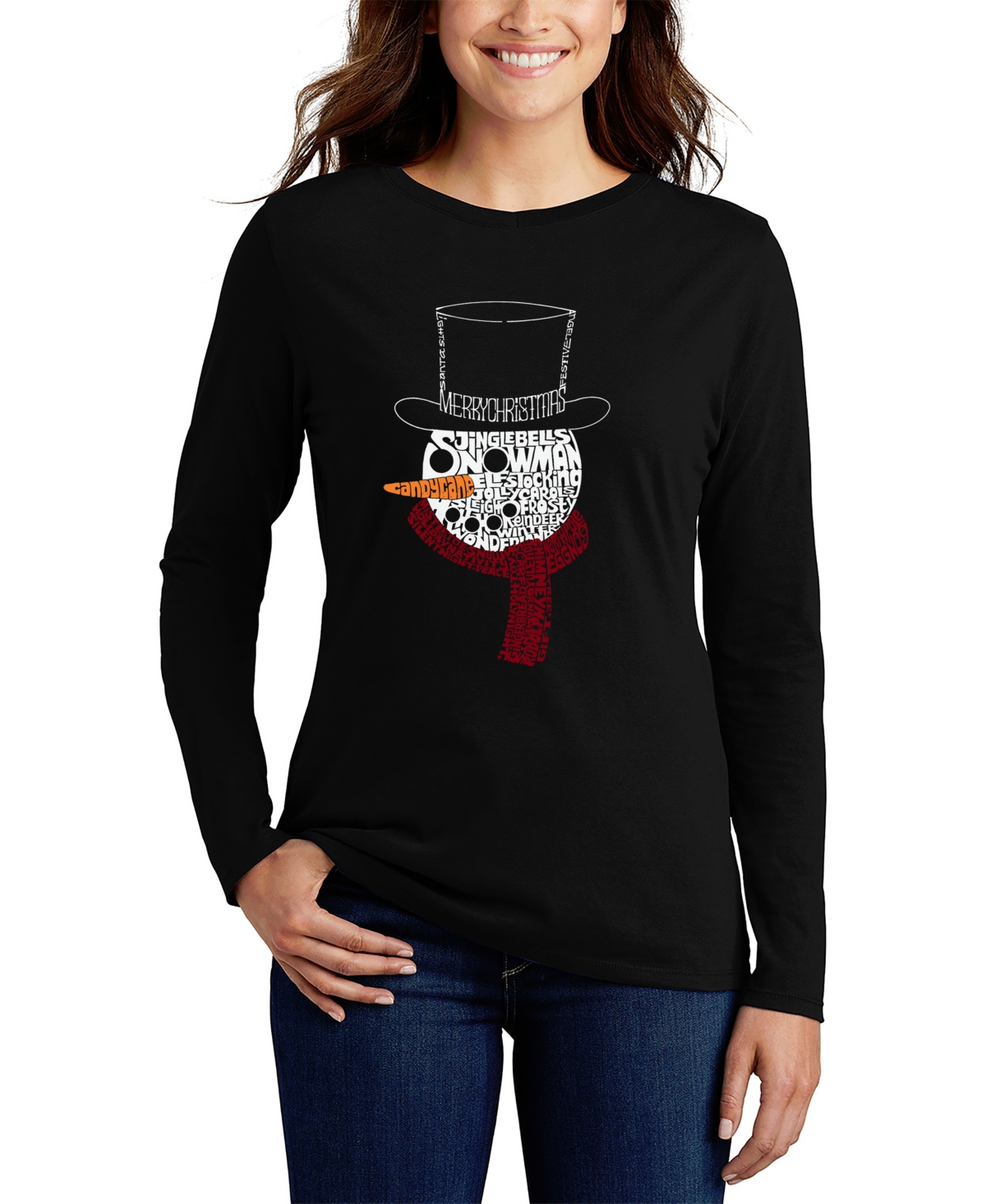 La Pop Art Women's Snowman Face Word Art Long Sleeve T-shirt In Black
