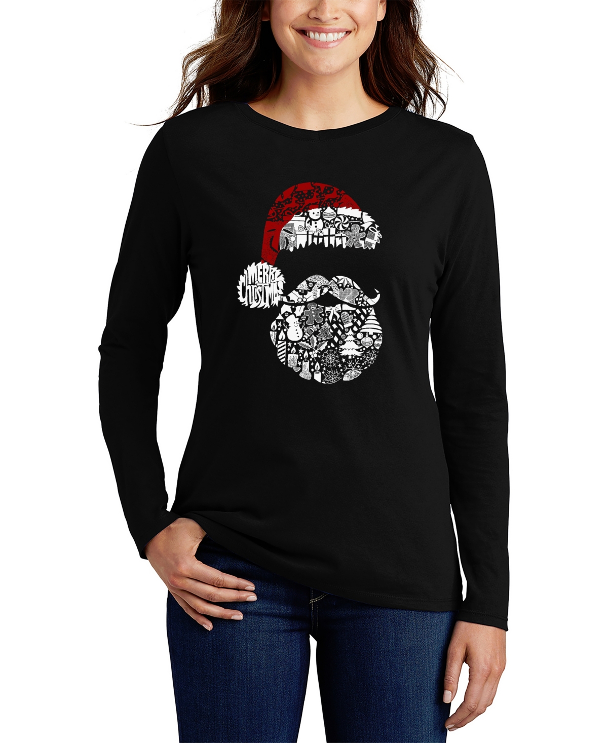 La Pop Art Women's Santa Pics Word Art Long Sleeve T-shirt In Black