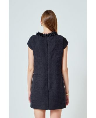 Women's Tweed Shift Dress with Floral Trim