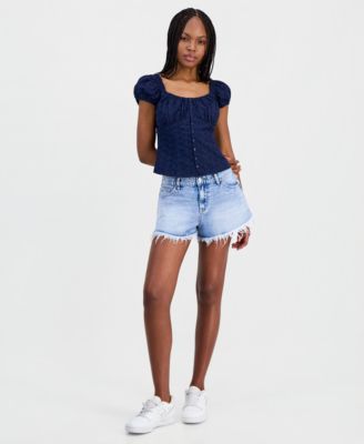Juniors' Eyelet Short-Sleeve Button-Front Top