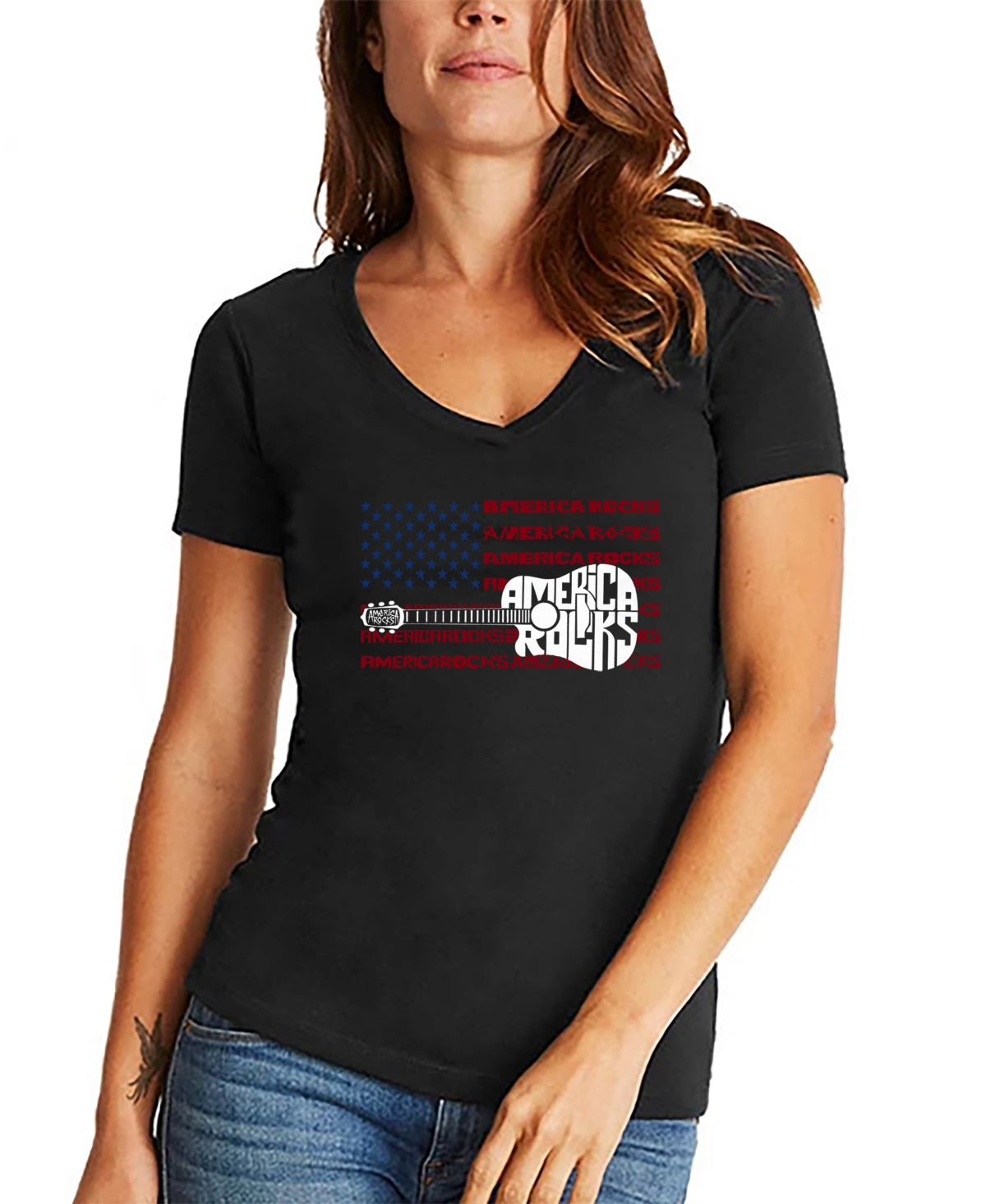 La Pop Art Women's America Rocks Word Art V-neck T-shirt In Black