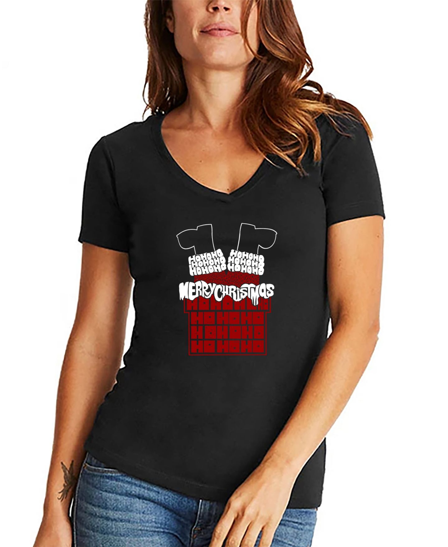 Женская футболка LA Pop Art Chimney Santa Word Art V-Neck, цвет: Чёрный — фото 1
