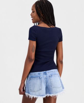 Juniors' Ribbed Lace-Yoke Top