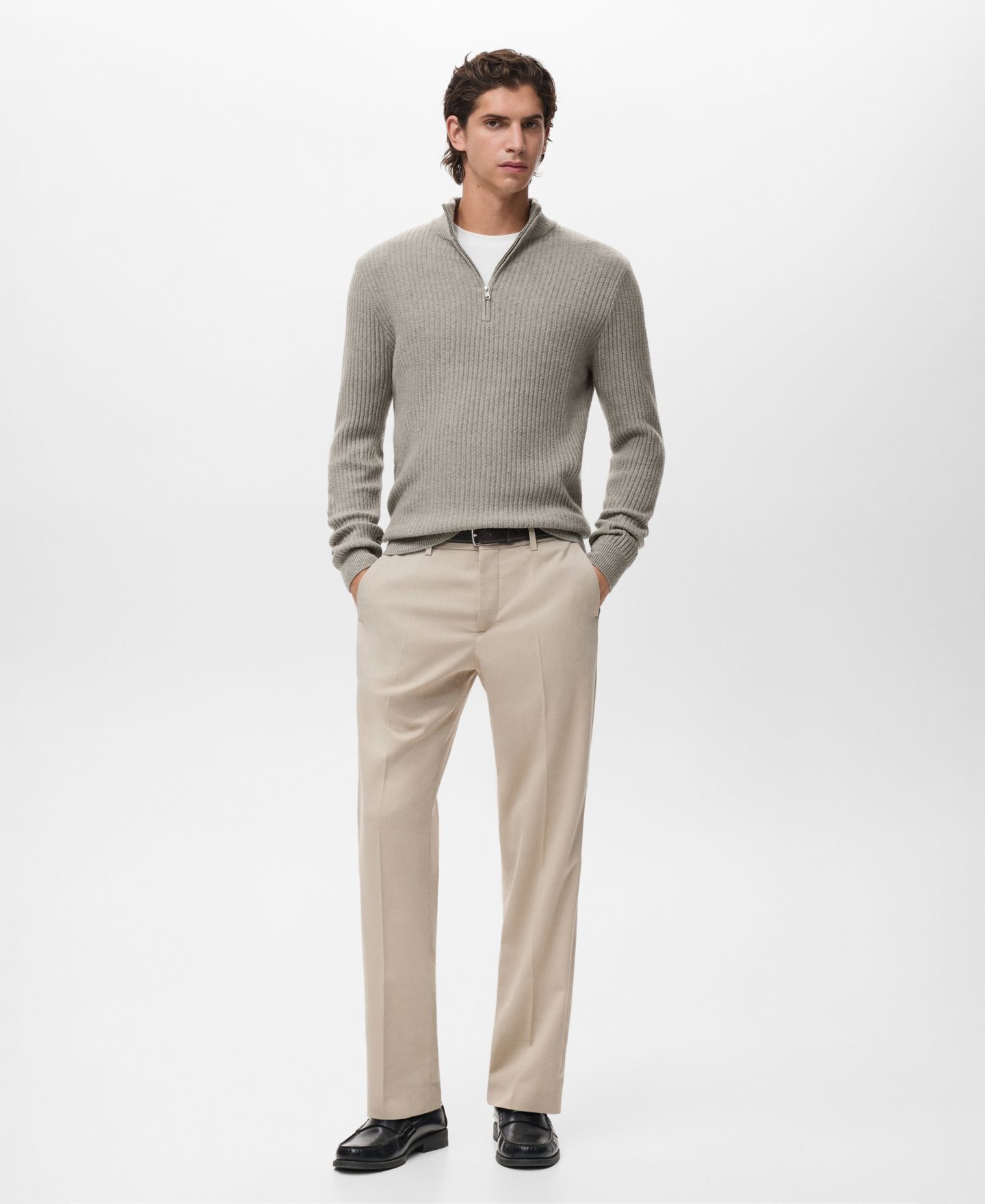 Мужской свитер MANGO Zip Neck Ribbed, цвет: Пастельный зелёный — фото 2