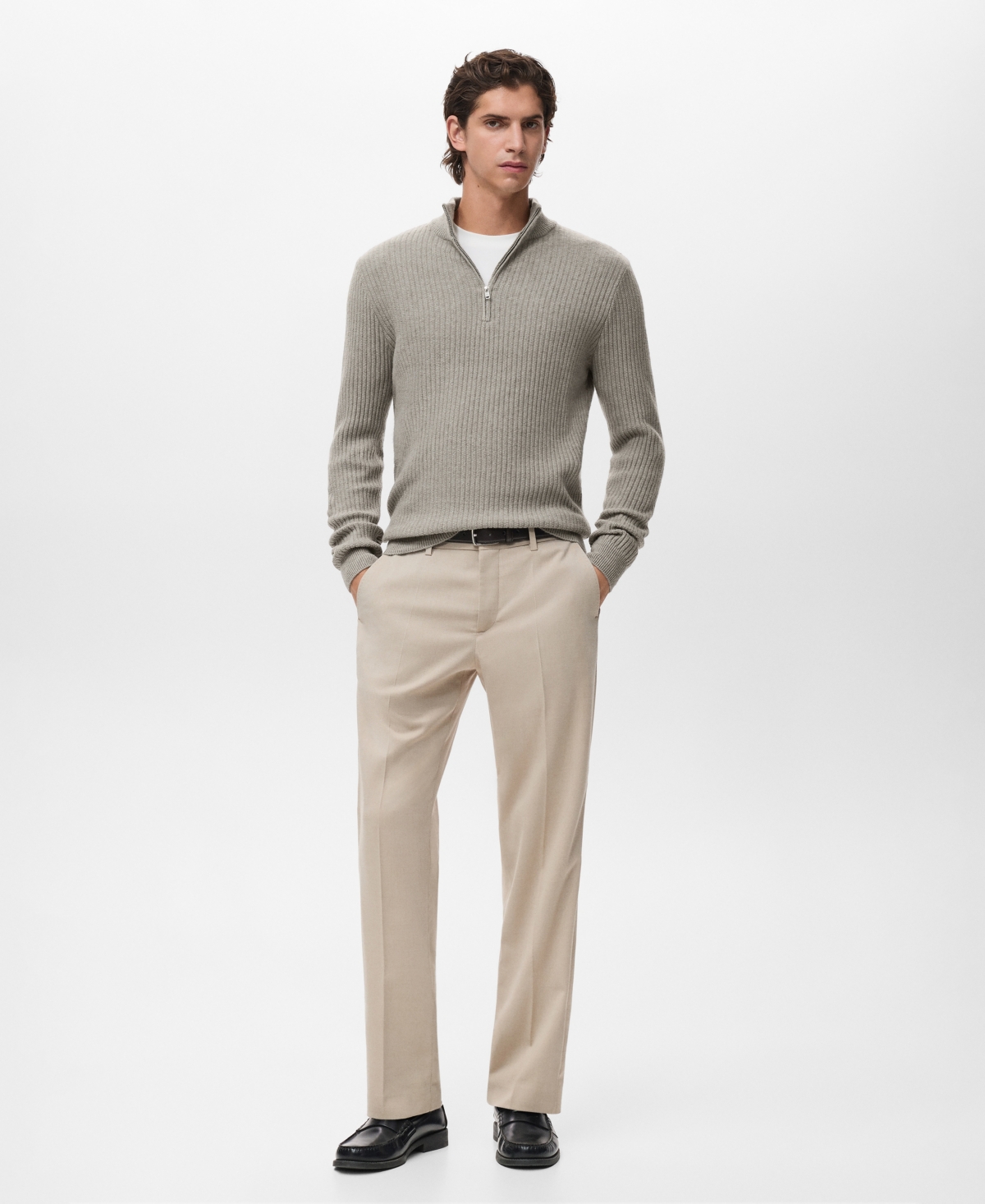 Mango Men's Zip Neck Ribbed Sweater