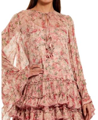 Women's Floral Long Sleeve Ruffle Viscose Mini Dress