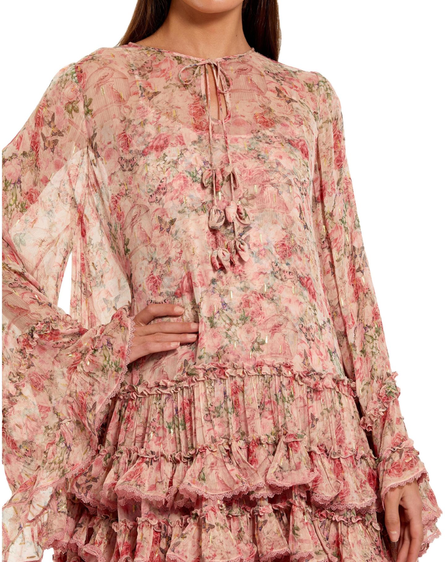 Женское платье Mac Duggal Floral Long Sleeve Ruffle Viscose Mini, цвет: Розовый разноцветный — фото 3