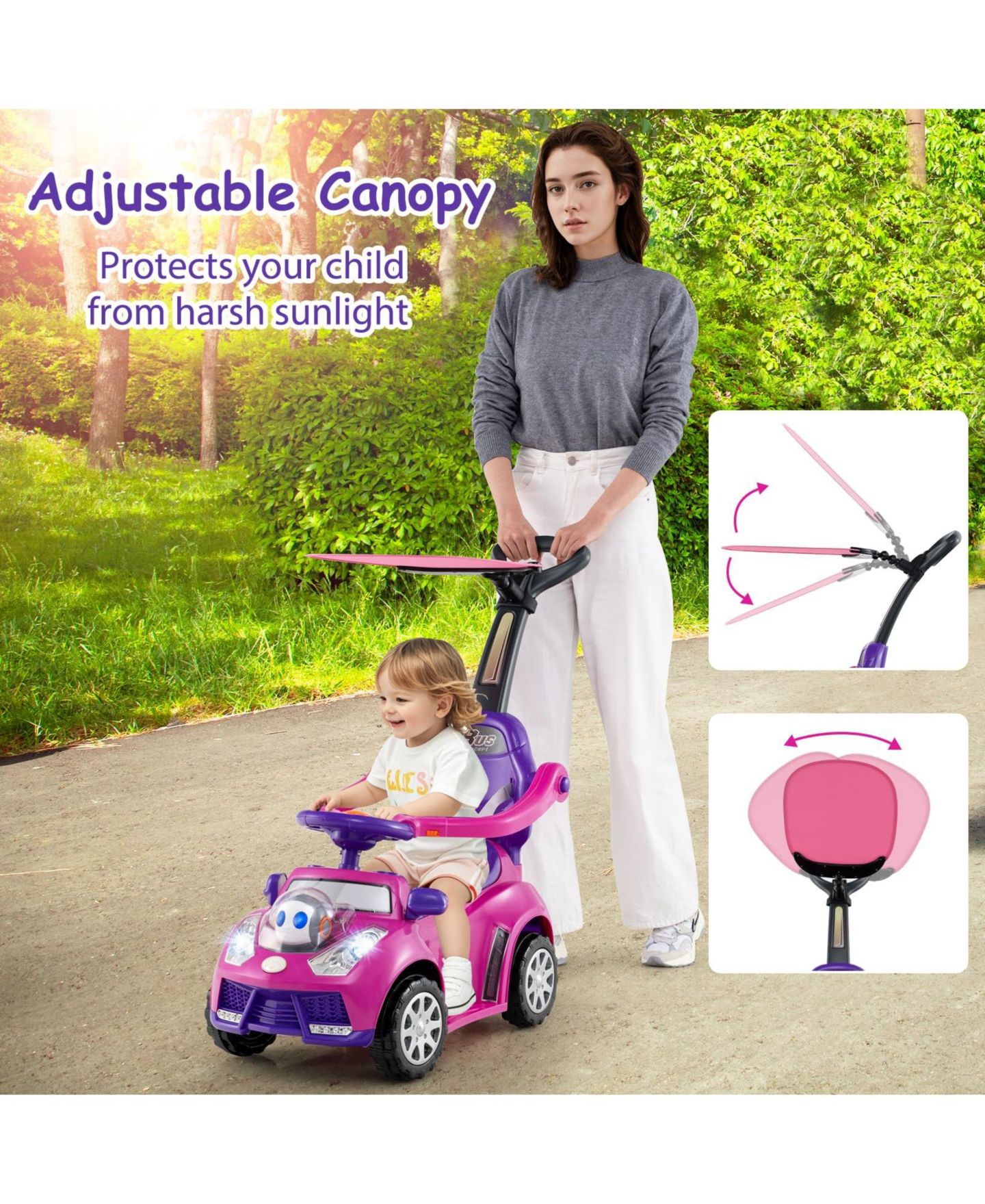 Детская игрушка Mecale 3-in-1 Push Car with Adjustable Canopy Ride-On, Ages 1+, цвет: Розовый — фото 6