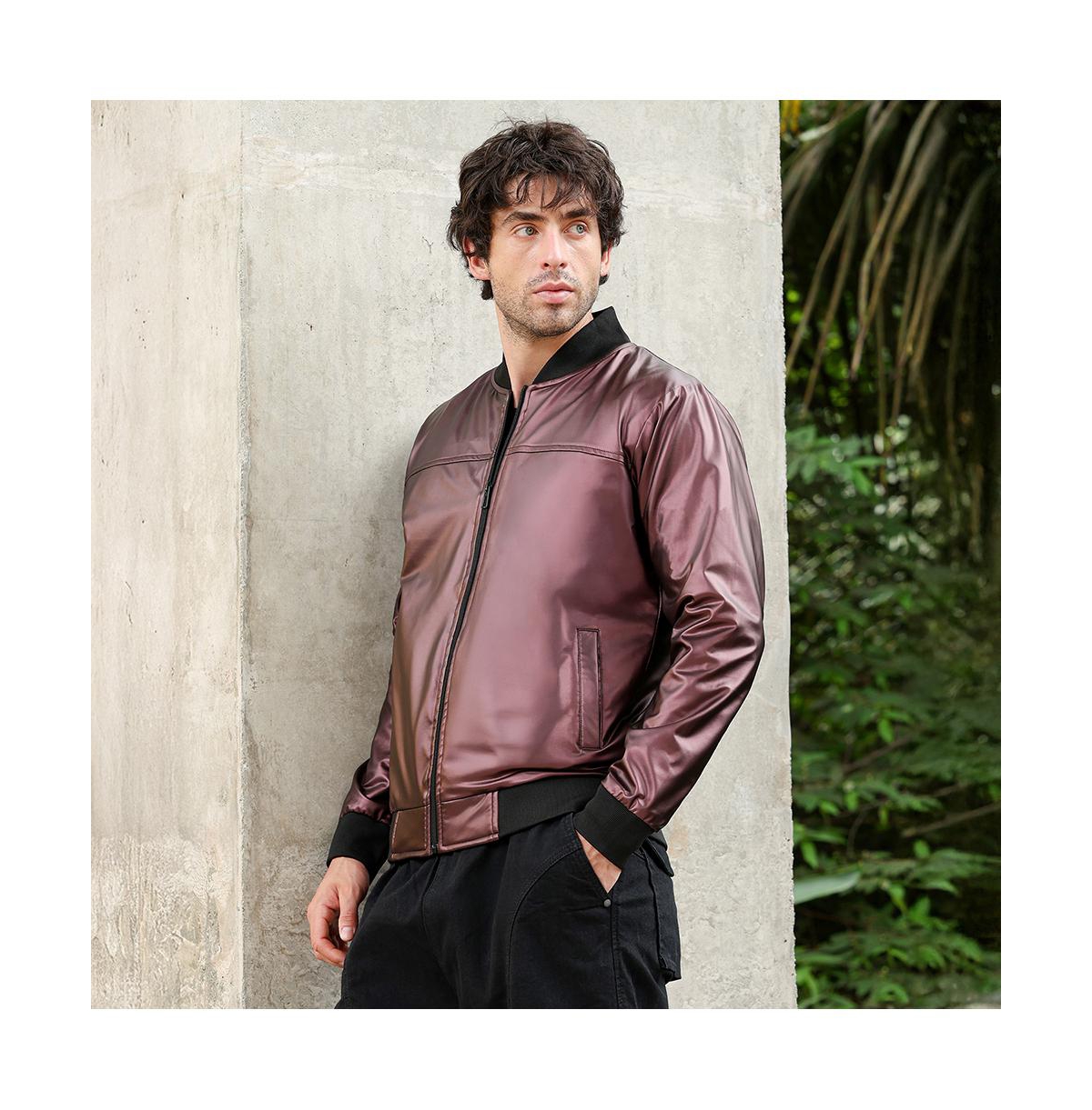 Campus Sutra Men's Chocolate Brown Patent-Panel Bomber Jacket
