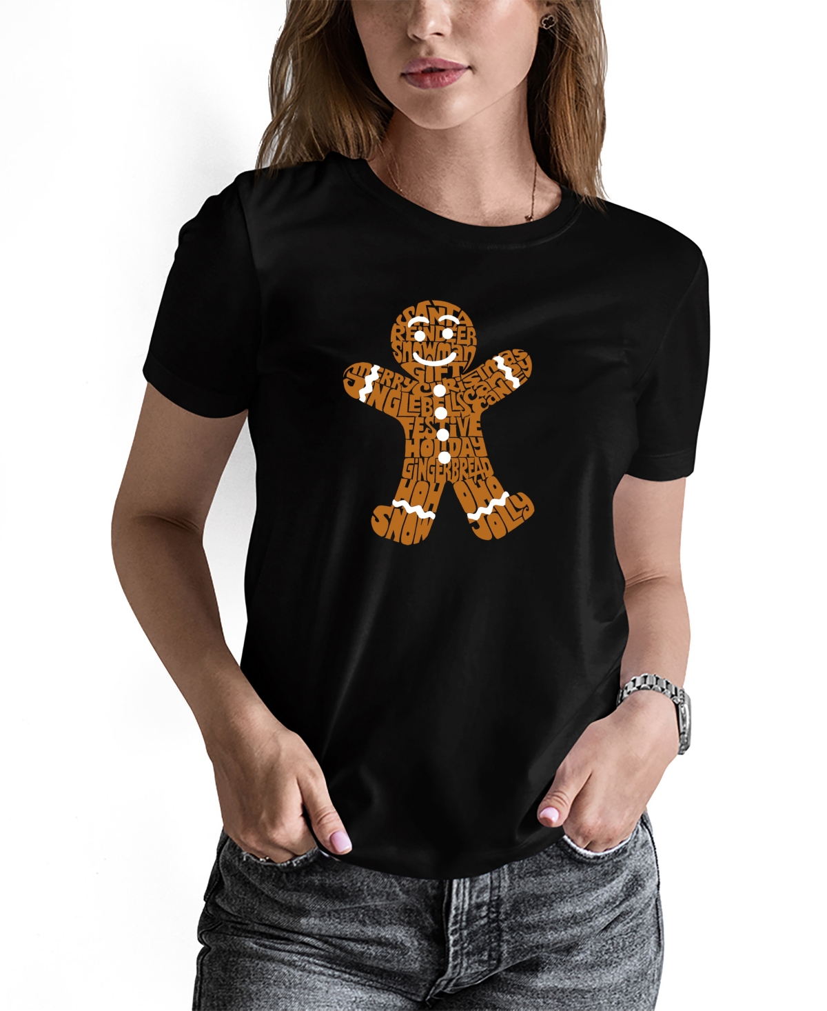 La Pop Art Women's Gingerbread Word Art Long Sleeve T-shirt In Black