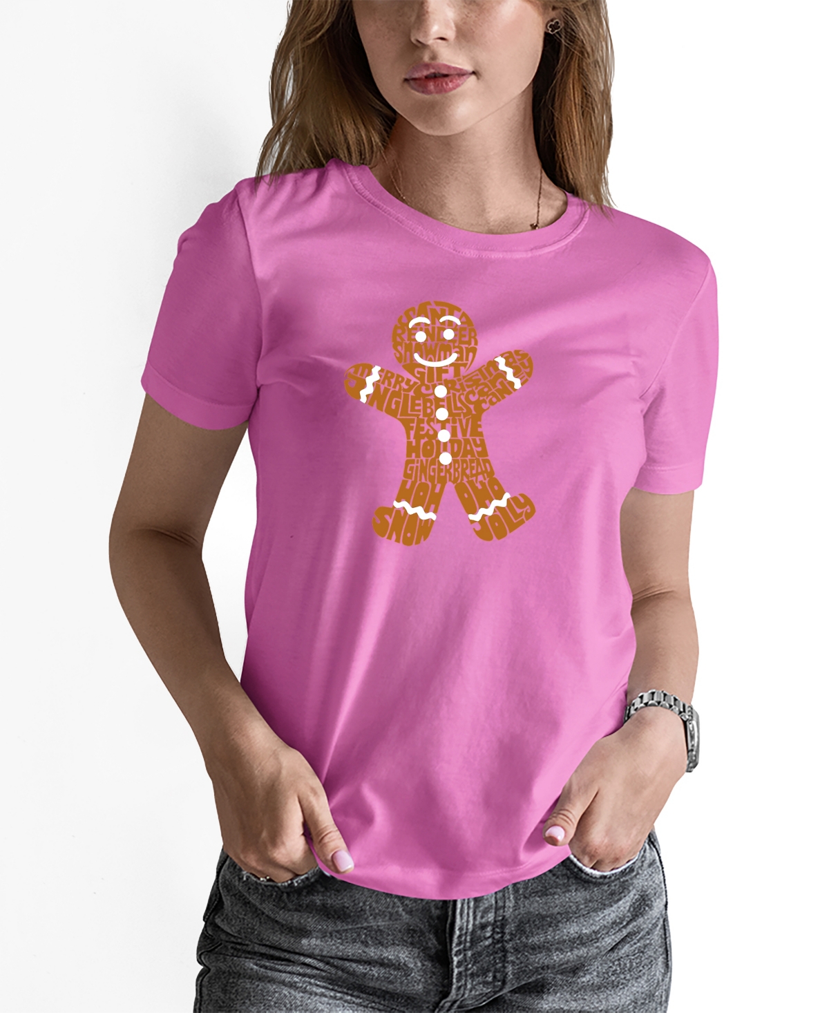 La Pop Art Women's Gingerbread Word Art Long Sleeve T-shirt In Pink