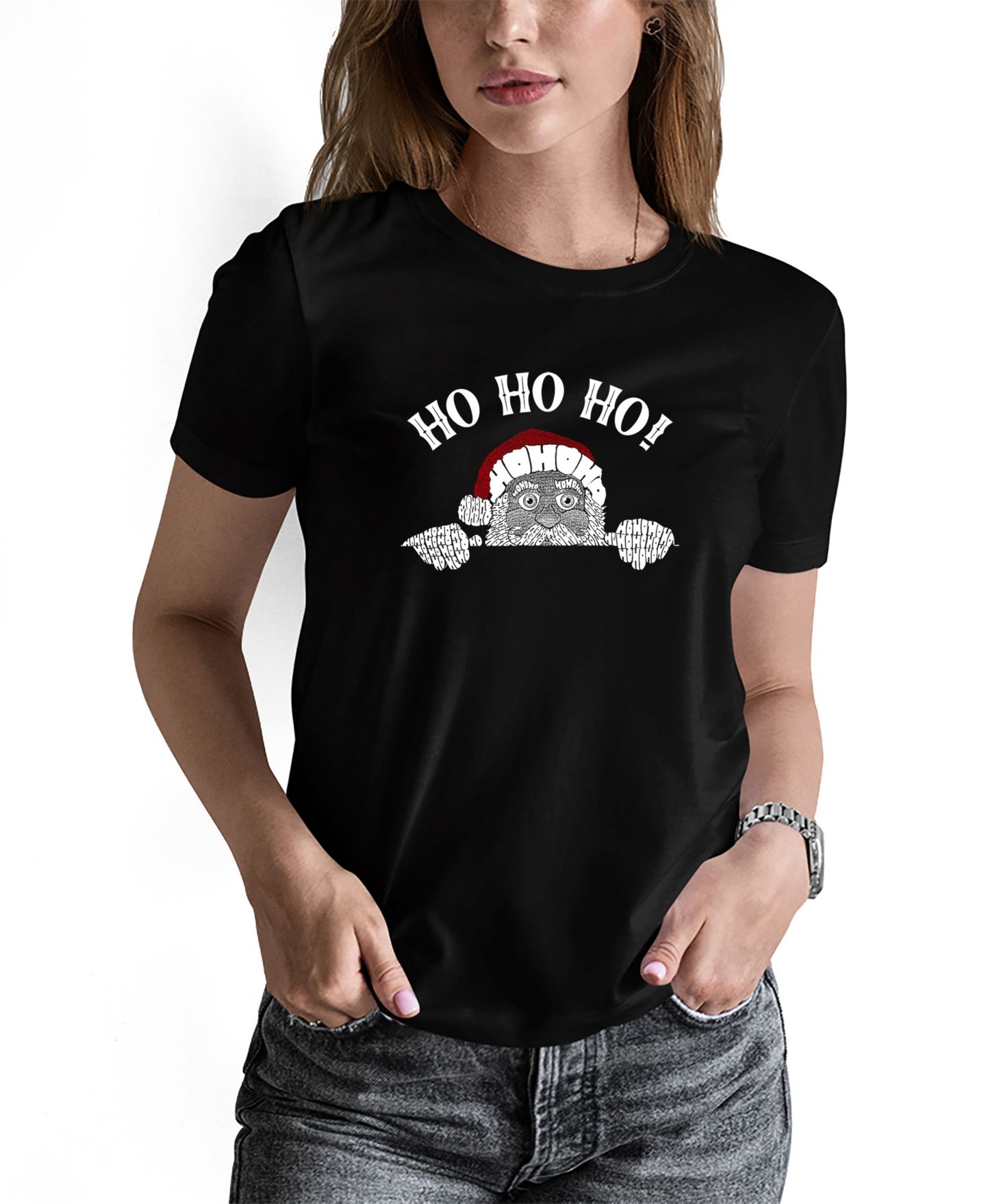 Женская футболка LA Pop Art Peeking Santa Word Art Long-Sleeve, цвет: Чёрный — фото 1