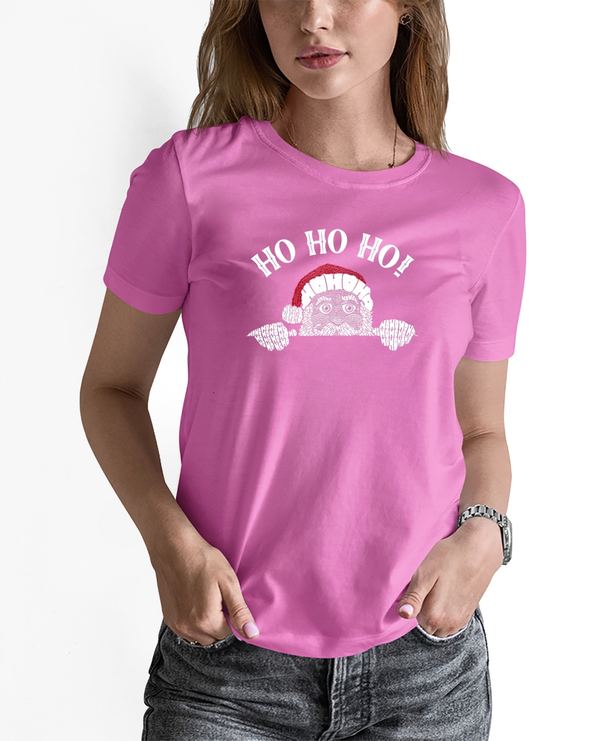 La Pop Art Women's Peeking Santa Word Art Long Sleeve T-shirt In Pink