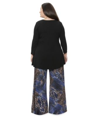 Plus Size Animal Print V Neck Long Sleeve Swing Tunic Top and Pant Set