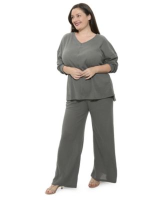 Plus Size V-Neck Long-Sleeve Soft Waffle Knit Top and Pant Set