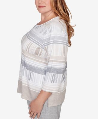 Plus Size Comfort & Joy Geometric Stripe Embellished Crew Neck Top
