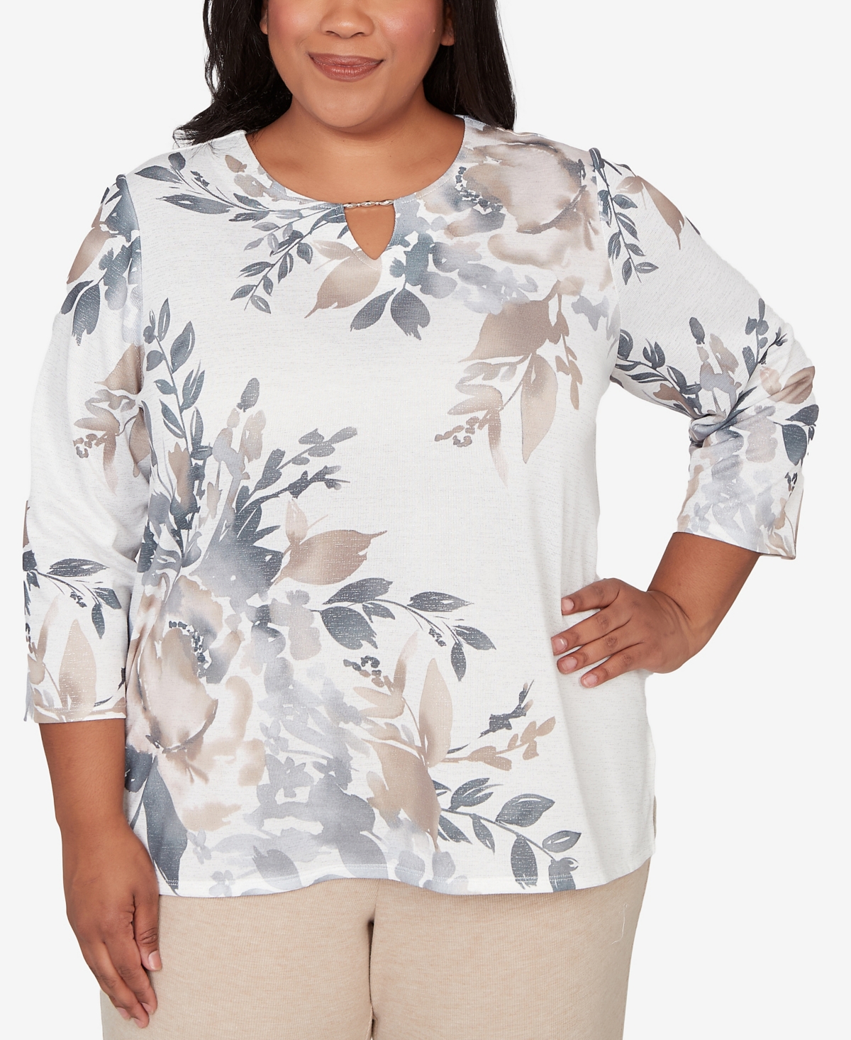 Alfred Dunner Plus Size Comfort & Joy Asymmetrical Floral Border Crew Neck Top In White