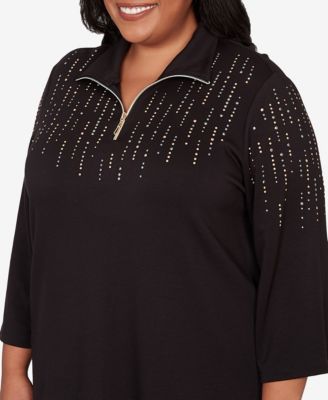 Plus Size Seville Heat Set Embellished Zip Mock Neck Top