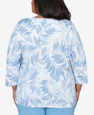 Plus Size St. Augustine Monotone Leaf Print Split Neck Top