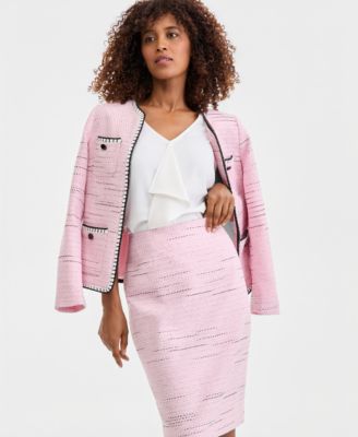 Women's Tweed Four-Pocket Open-Front Jacket, Sleeveless Ruffle-Front Blouse & Tweed Slim Pencil Skirt