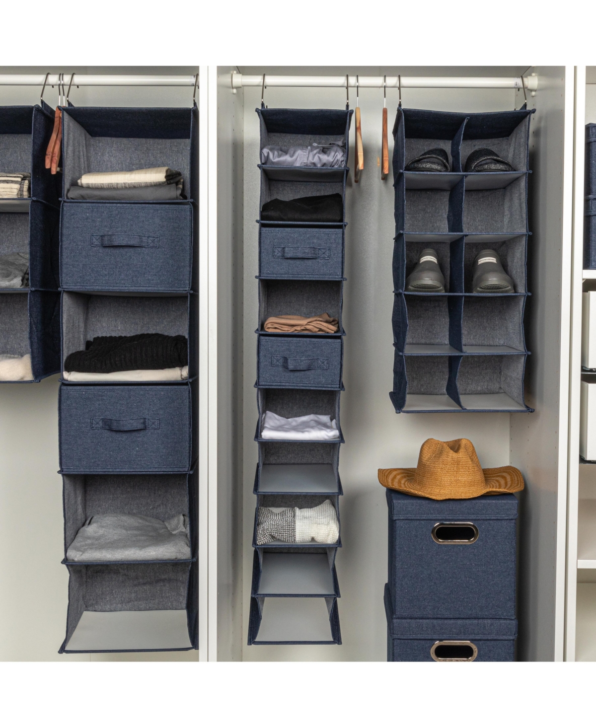 Household Essentials Hanging Narrow Cotton Blend and Plastic Closet Organizer with 10 Storage Shelves, Denim