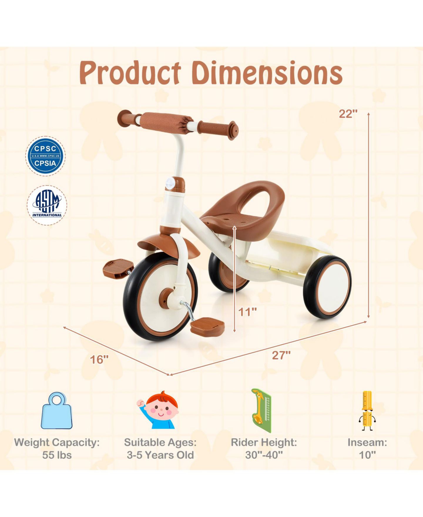 Детская игрушка SUGIFT Toddler Tricycle with Adjustable Seat and Rear Basket, Ages 3-5, цвет: Коричневый — фото 3