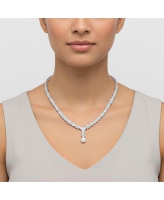 Women Sterling Silver White Gold Plated Cubic Zirconia Drop Necklace