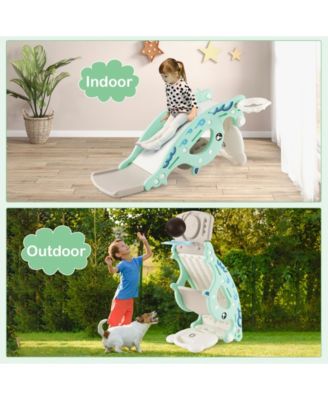4-in-1 Kids Slide Rocking Horse with Basketball and Ring Toss-Green