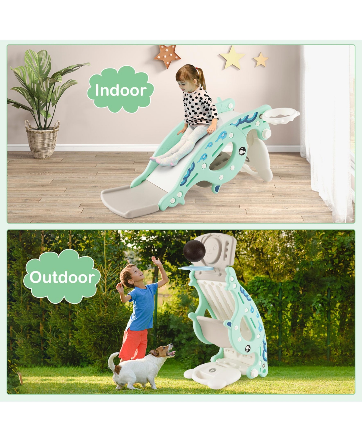 Sugift 4-in-1 Kids Slide Rocking Horse with Basketball and Ring Toss-Green