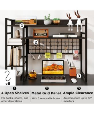 Desktop Organizer Rack with 4 Storage Tiers, Grid Wall Panel, and Hanging Hooks For Home Office or Study