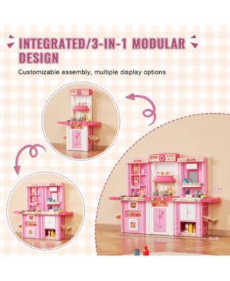 Kids Kitchen Playset, 3-in-1 Kitchen with Spray, Lights & Sounds, 74 PCS Cooking Accessories, Pretend Play Set for Kids