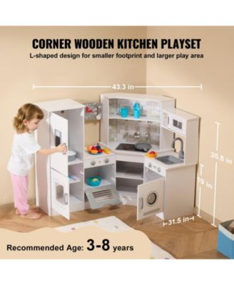 Corner Wooden Play Kitchen, Toy Set with Lights & Sounds, Ice Maker, Oven, Sink, Clock, Microwave, Fridge & Accessories