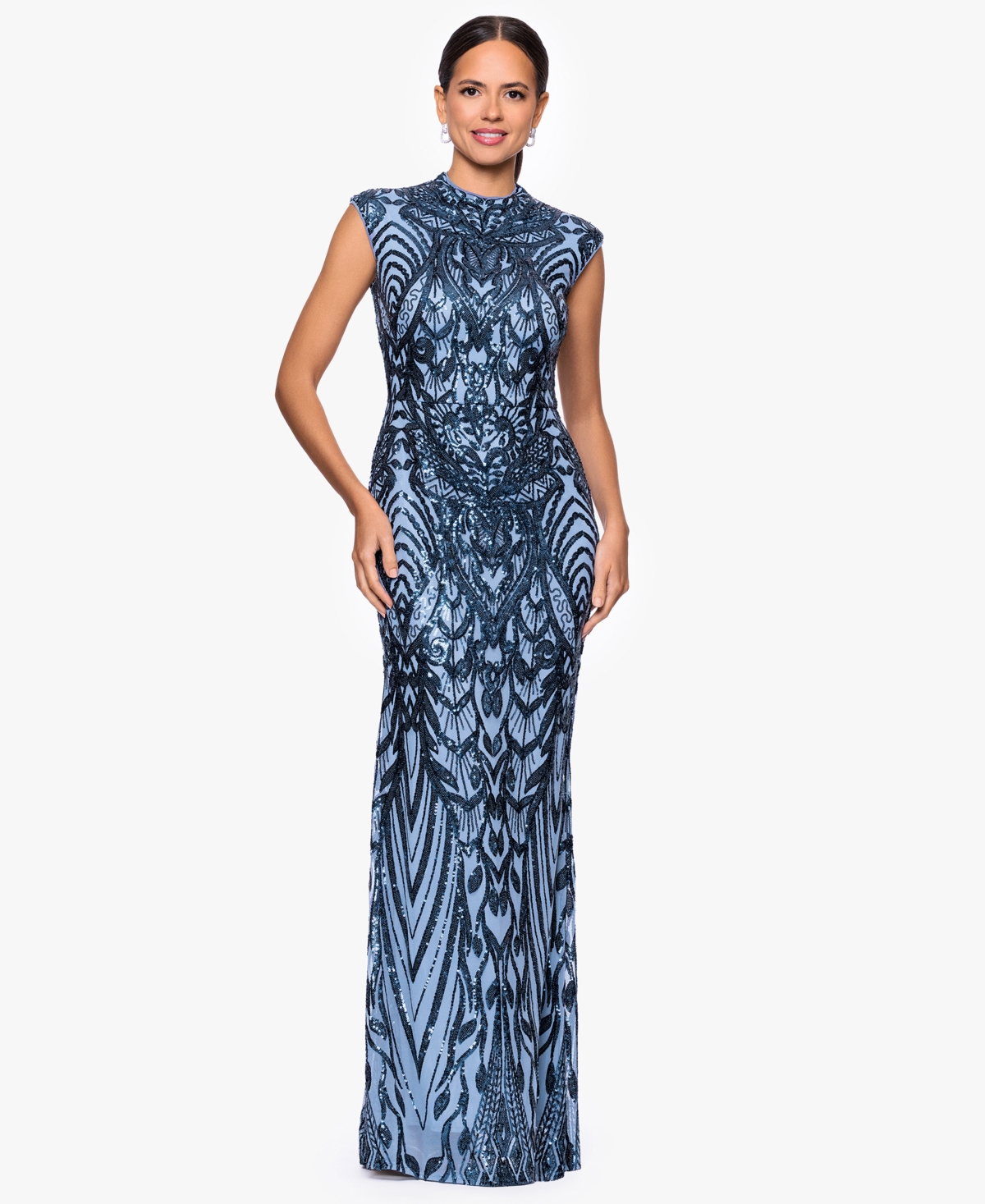 B & A By Betsy And Adam Petite Printed Mock Neck Gown In Blue