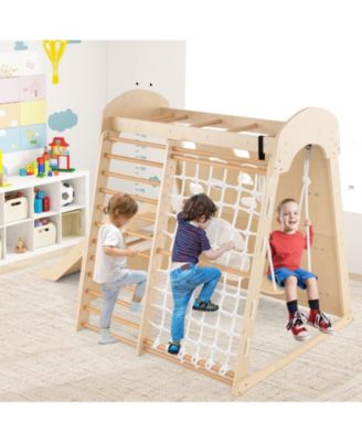 8-in-1 Indoor Wooden Jungle Gym Playground with Swing and Climbing Wall – Natural