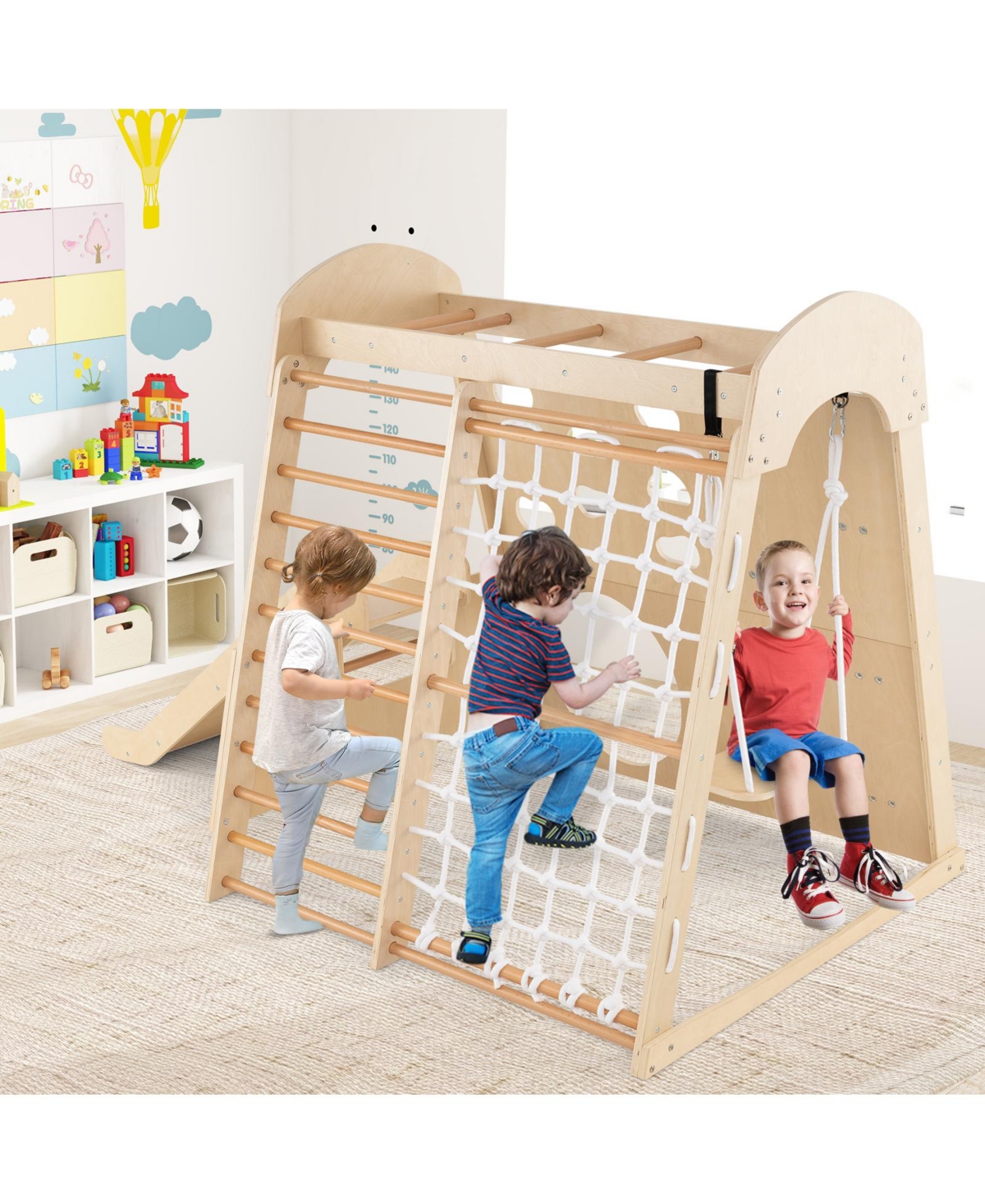 Skonyon 8-in-1 Indoor Wooden Jungle Gym Playground with Swing and Climbing Wall – Natural