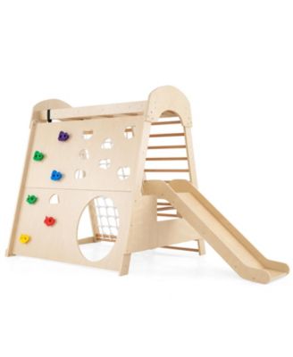 8-in-1 Indoor Wooden Jungle Gym Playground with Swing and Climbing Wall – Natural