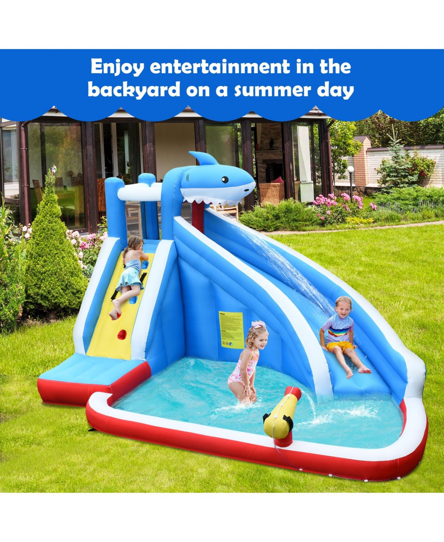 Детская игрушка SKONYON Shark Inflatable Bounce House with Water Slide & Climbing Wall, Ages 3-10, цвет: Синий — фото 5