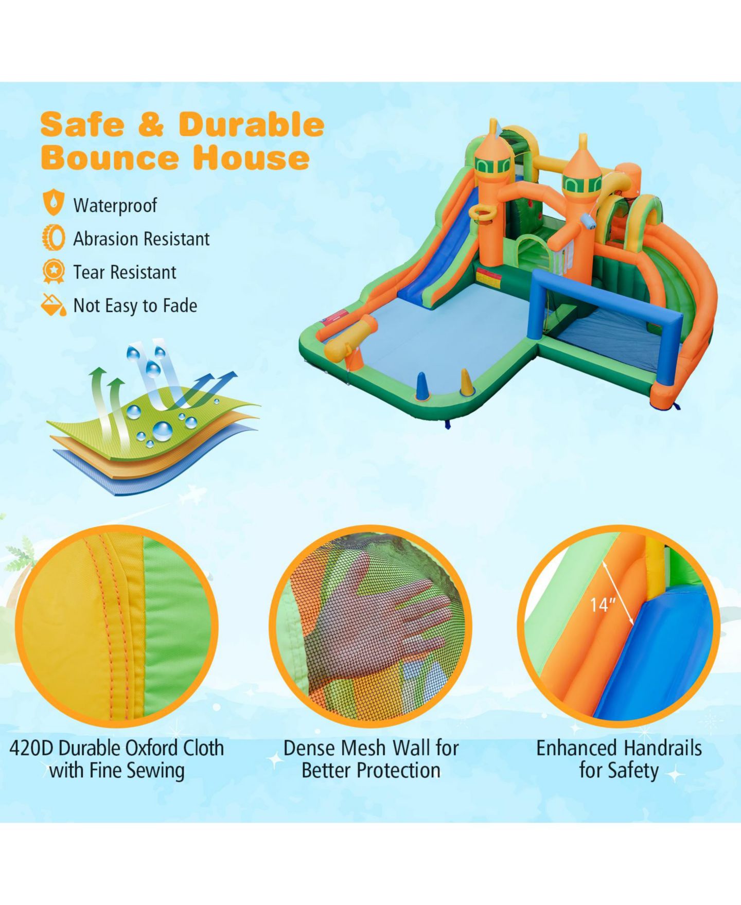 Детские игрушки SKONYON Kids Inflatable Water Slide with Dual Slides and Splash Pool, 186"L x 173"W x 110.5"H, Ages 3+, цвет: Синий — фото 11