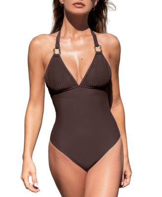 Women's Halter V Neck One Piece Swimsuit with Ring Detail