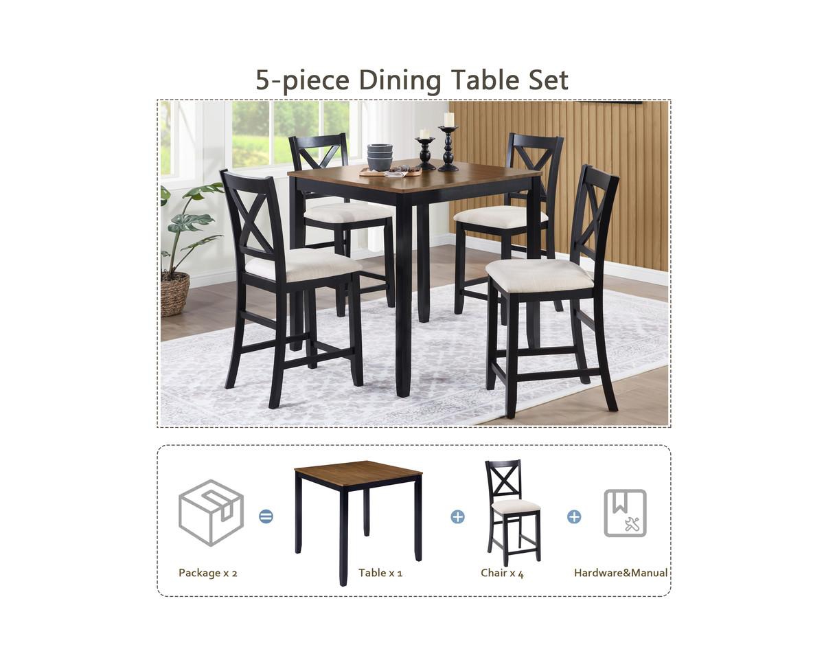 Casainc 5-Piece Classic Counter Height Wood Dining Set with 4 Chairs in Black and Oak Tones