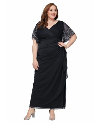 Plus Size Embellished-Sleeve Draped Chiffon Gown