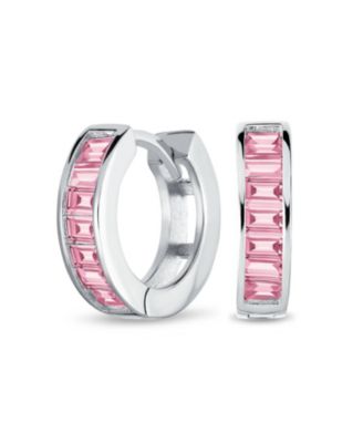 Set of 2 Baguette Cut Channel Set Kpop Blue & Pink CZ Huggie Hoop Earrings Sterling Silver