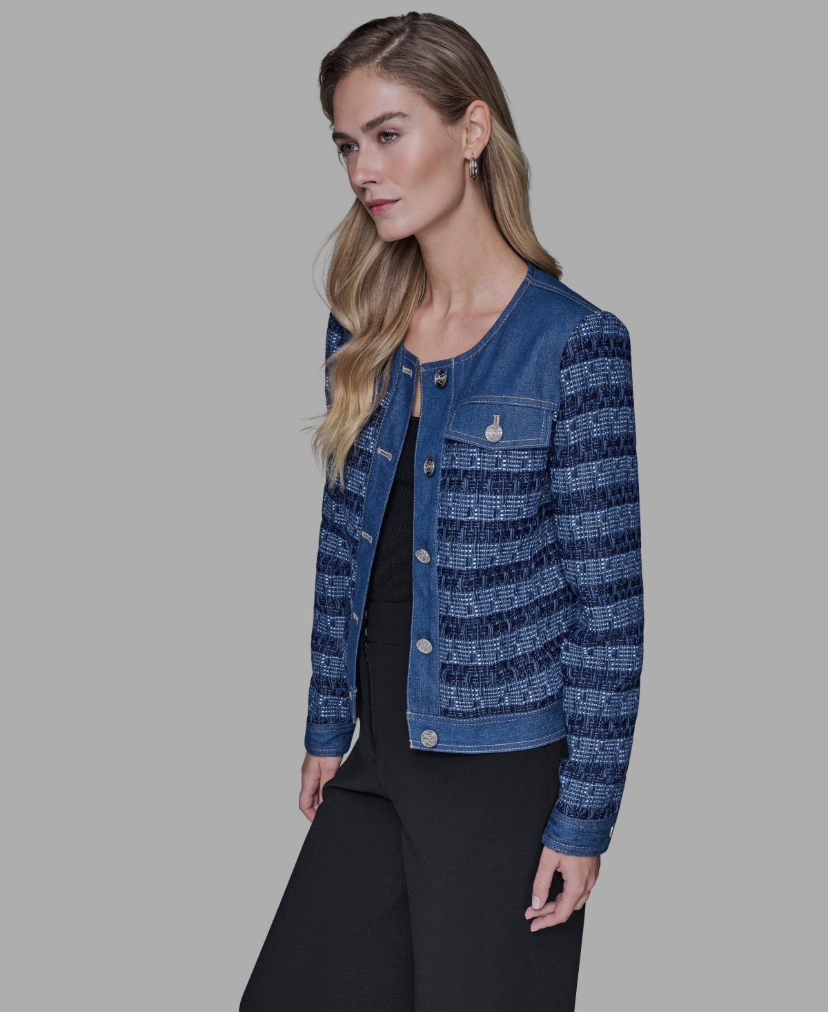Karl Lagerfeld Paris Women's Crewneck Tweed and Denim Jacket