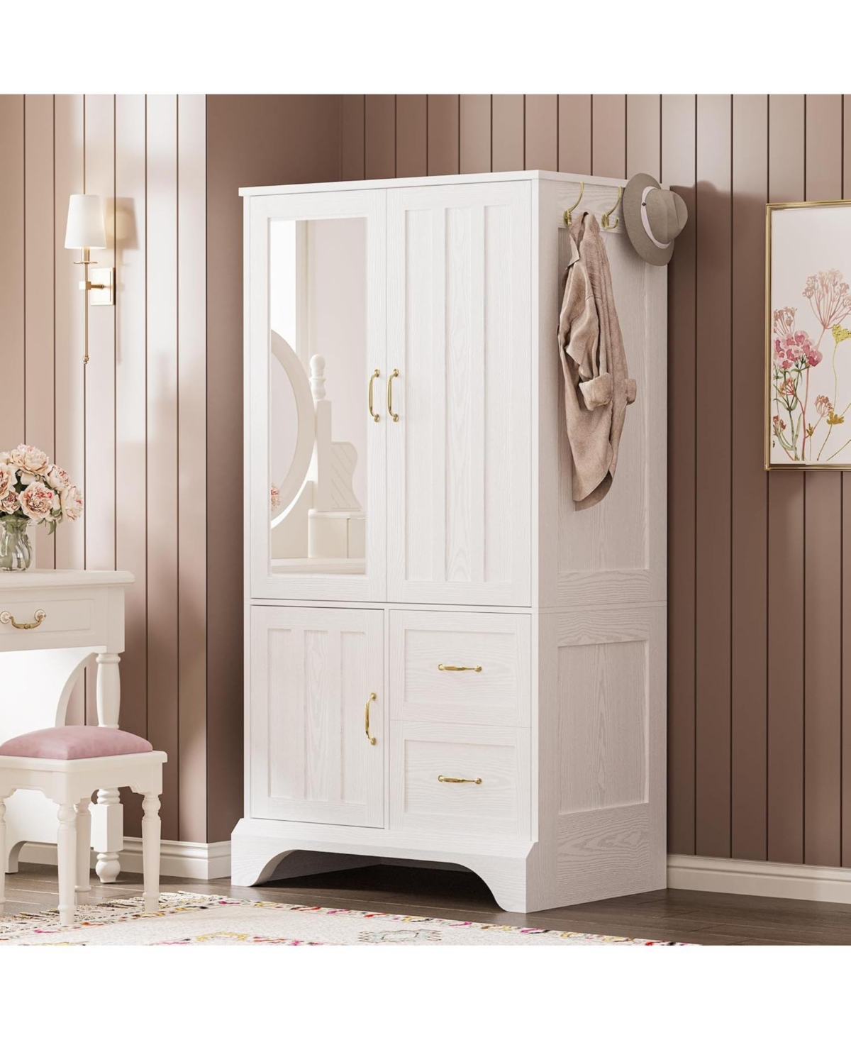 White Wardrobe Closet with Mirror and Doors, Drawers and Shelves, Wooden Armoire Storage Cabinet with Hanging Rod for Bedroom