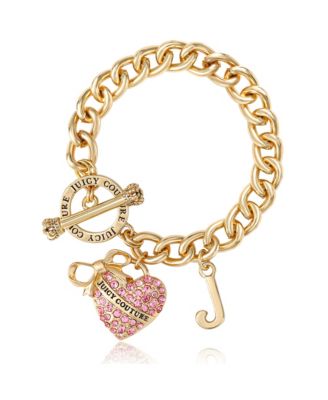 Pink Pave Heart Toggle Bracelet, Gold Tone Curb Chain