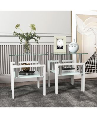 Set of 2 Modern Square Tempered Glass Coffee Tables with Solid Frame