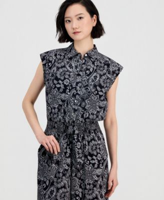 Women's Paisley Button-Front Sleeveless Jumpsuit