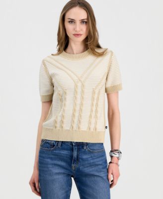 Women's Short-Sleeve Traveling Cable-Knit Sweater