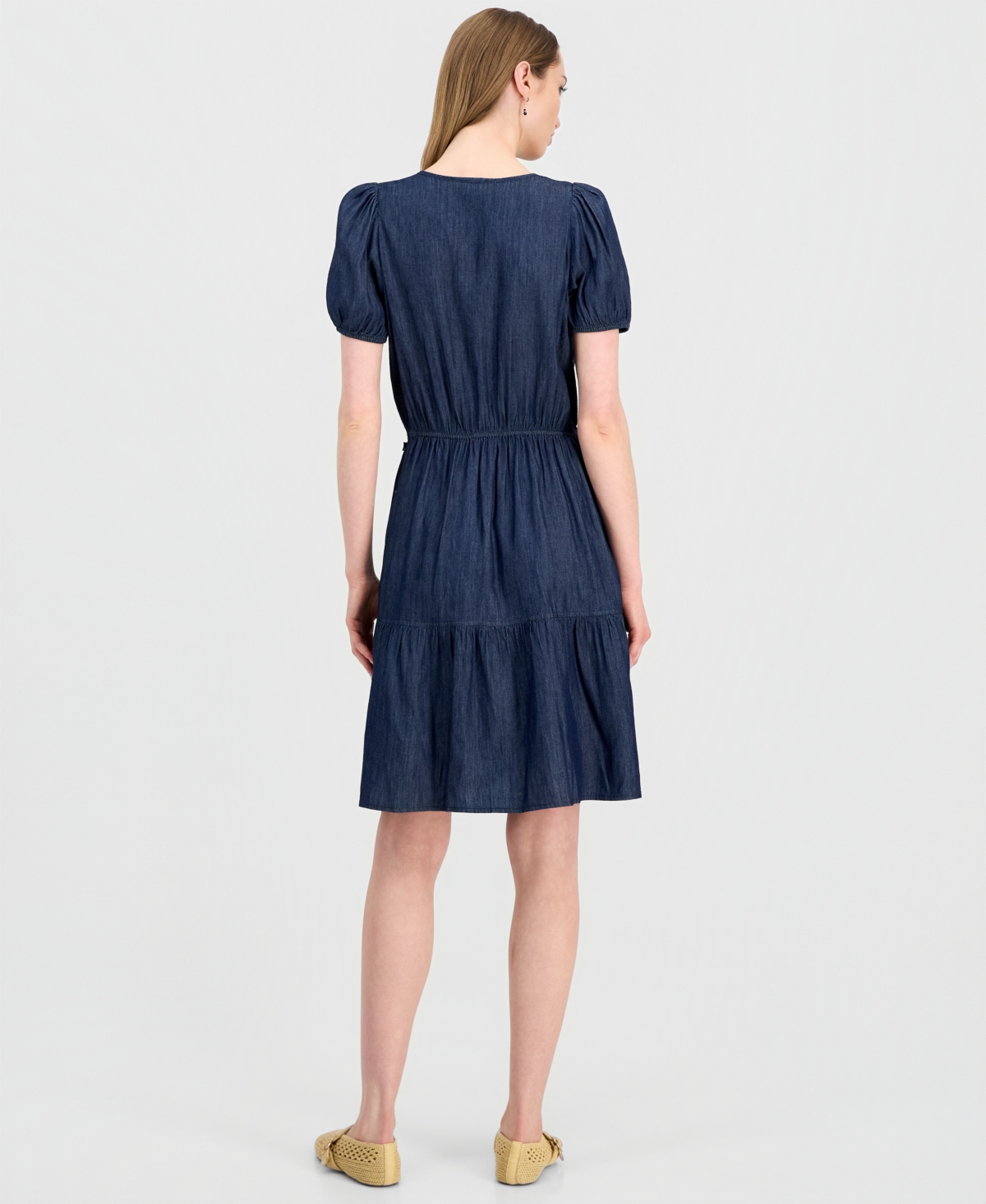 Nautica Jeans Women's Chambray Puff-Sleeve Tiered Dress