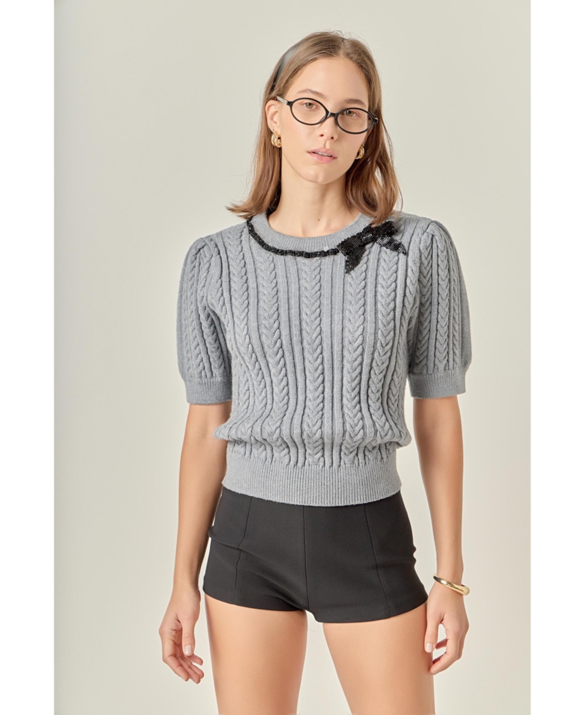 English Factory Women's Big Bow Puff Sleeve Knit Top